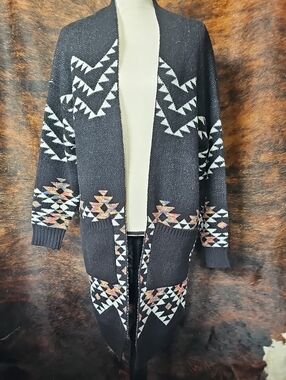 Black Aztec Open-Front Women's Cardigan Sweater